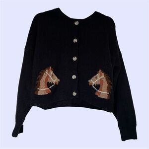 Navy Blue Horse Pattern Sweater Cardigan